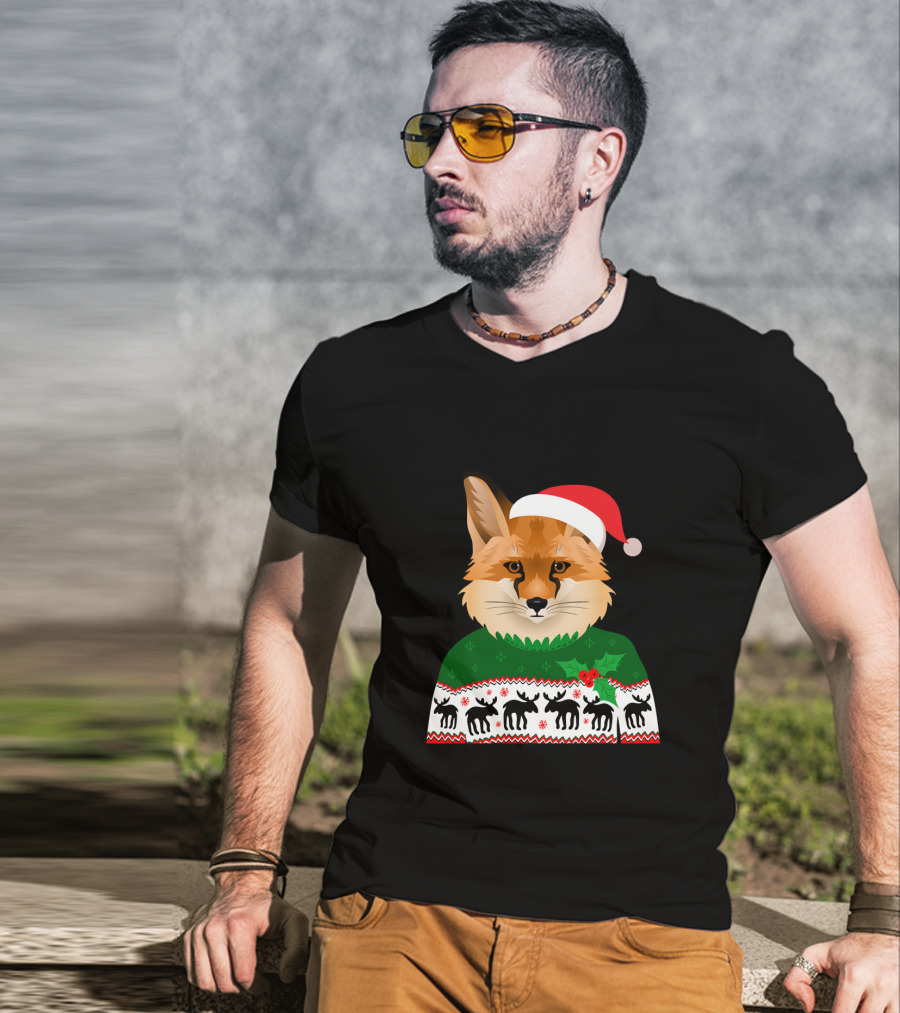 Long Sleeve Fox Ugly Christmas Sweater Santa Hat T-Shirt