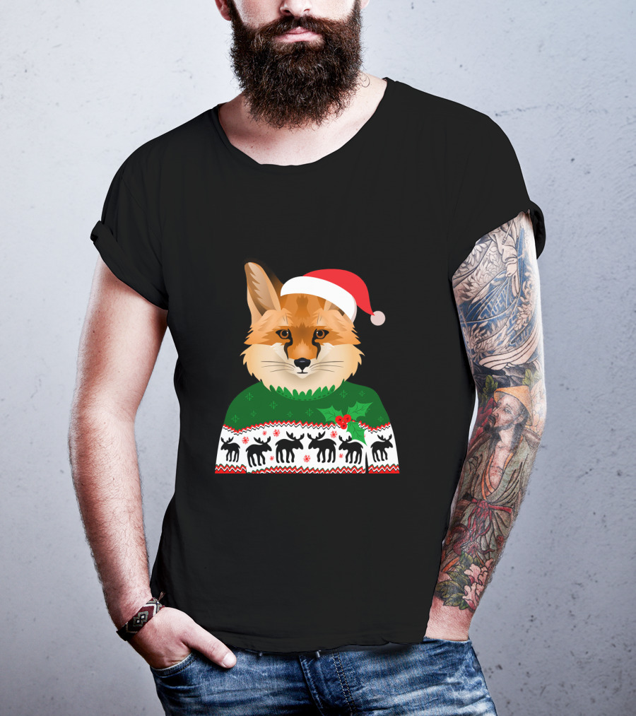 Long Sleeve Fox Ugly Christmas Sweater Santa Hat T-Shirt