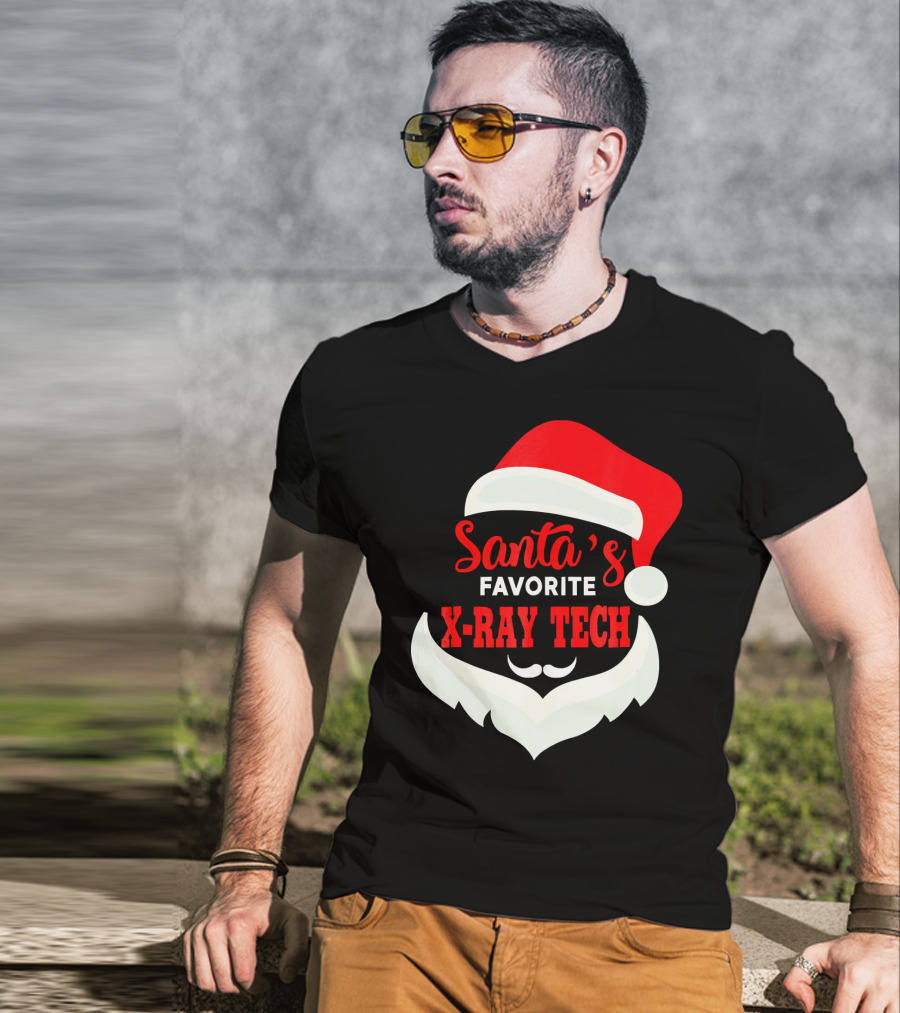 Santa's Favorite X-Ray Tech Christmas Santa Hat And Beard T-Shirt