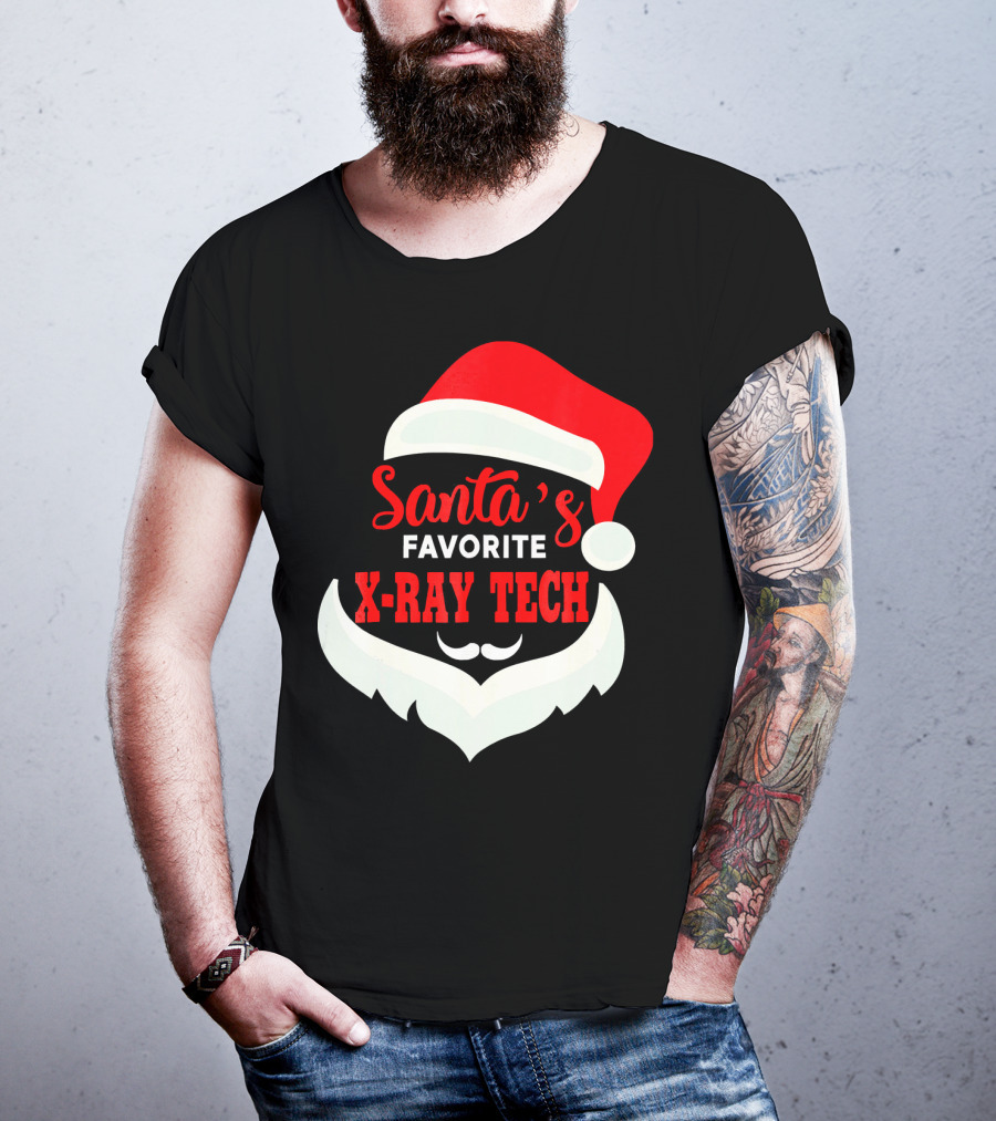 Santa's Favorite X-Ray Tech Christmas Santa Hat And Beard T-Shirt
