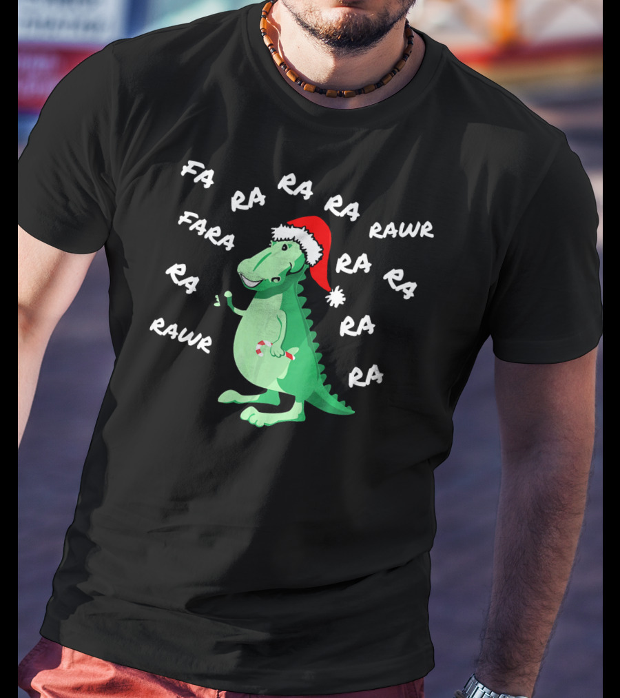 T Rex Dinosaur Singing Fa Ra Rawr Christmas Santa Hat T-Shirt