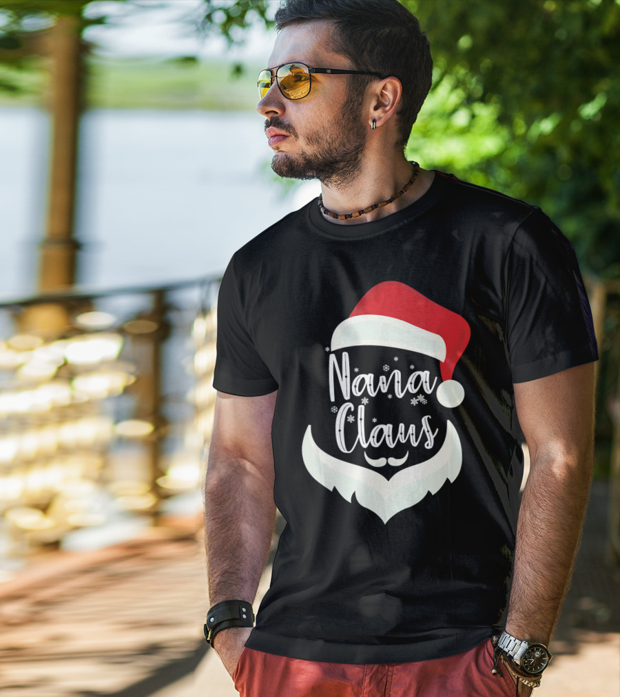 Nana Claus Santa Hat Beard Snowflakes T-Shirt