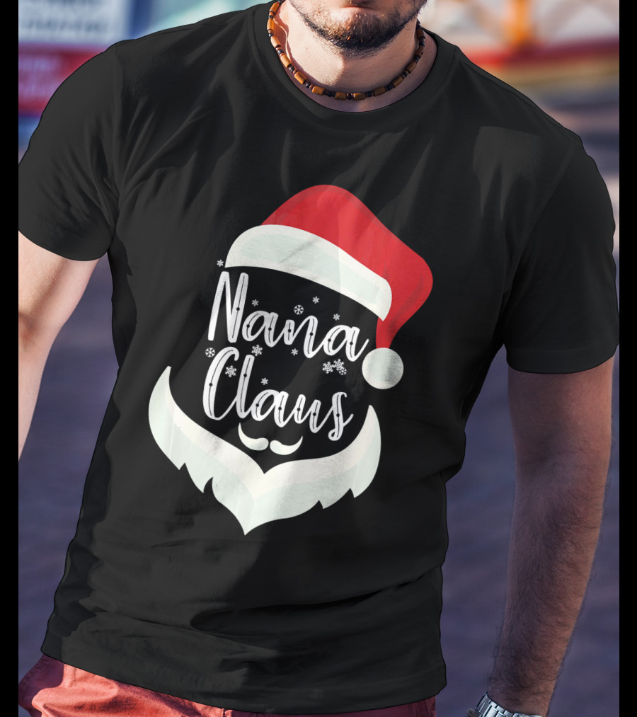 Nana Claus Santa Hat Beard Snowflakes T-Shirt