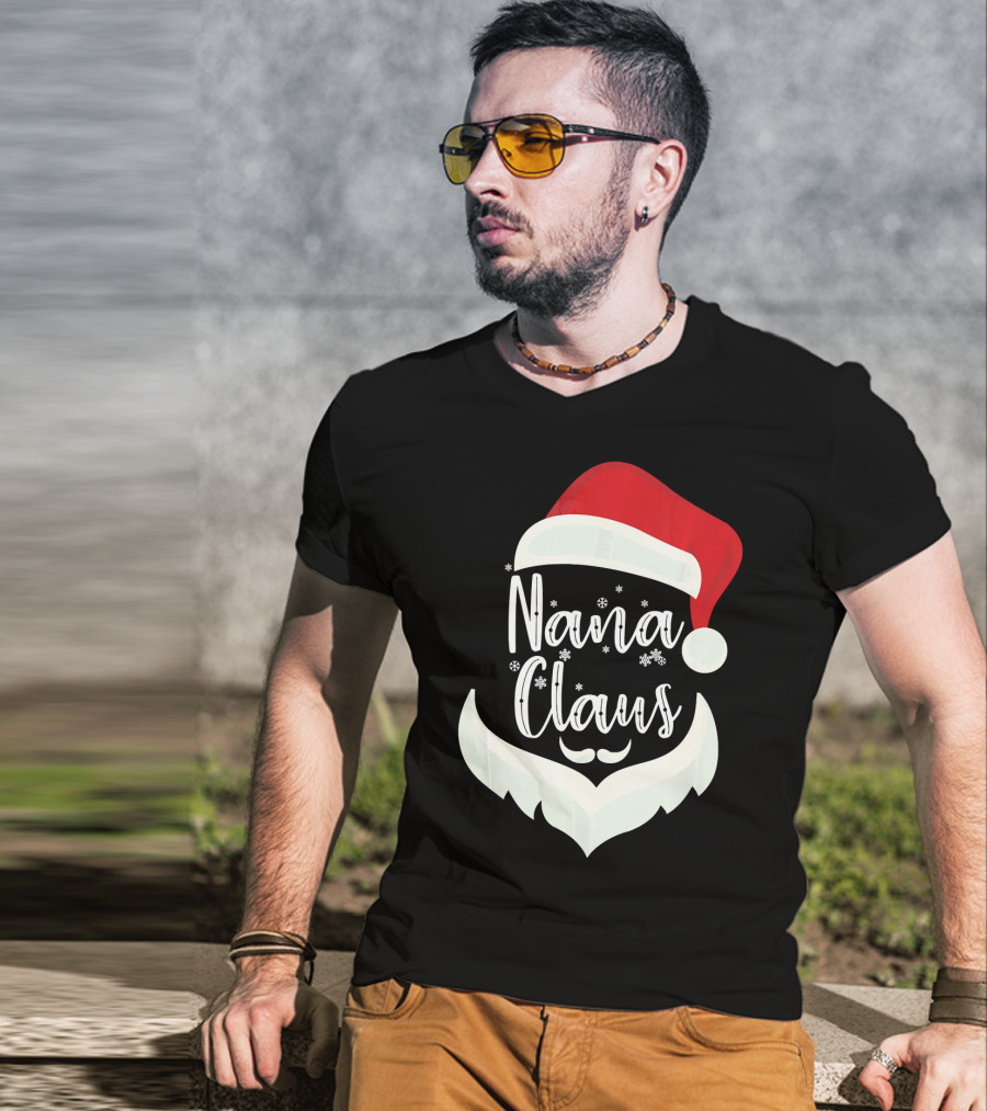Nana Claus Santa Hat Beard Snowflakes T-Shirt