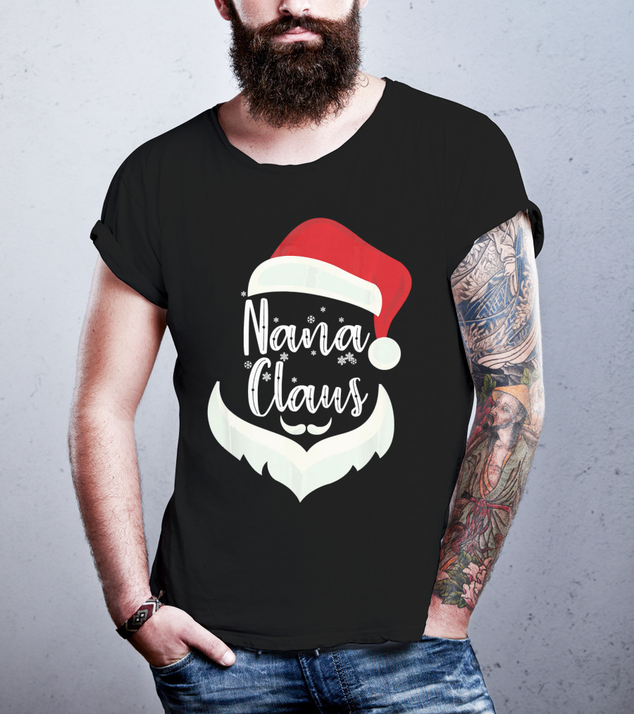 Nana Claus Santa Hat Beard Snowflakes T-Shirt