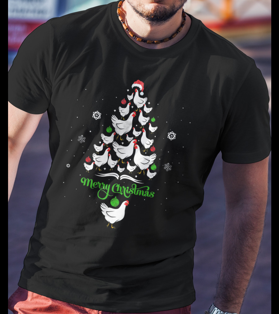 Merry Chickmas Chicken Lover Christmas Tree With Santa Hat And Ornaments T-Shirt
