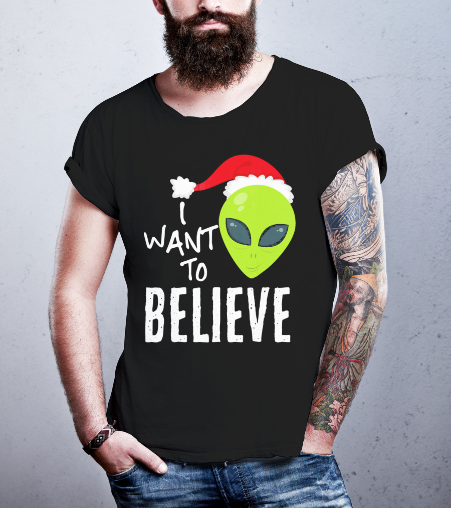 I Want To Believe Alien Santa Hat Christmas UFO T-Shirt