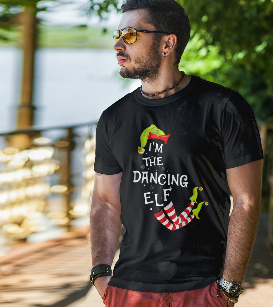 I'm The Dancing Elf Christmas Striped Stockings And Festive Hat T-Shirt