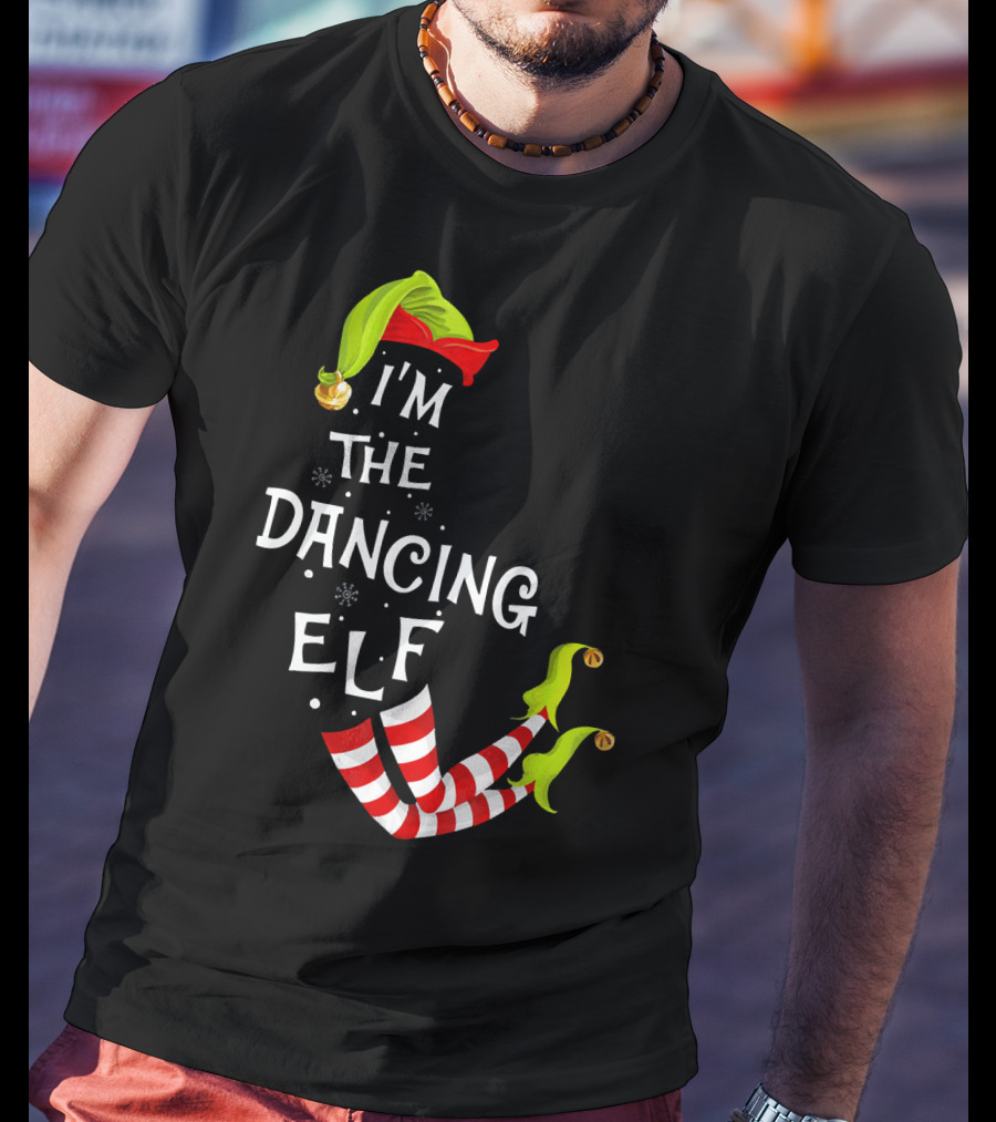 I'm The Dancing Elf Christmas Striped Stockings And Festive Hat T-Shirt