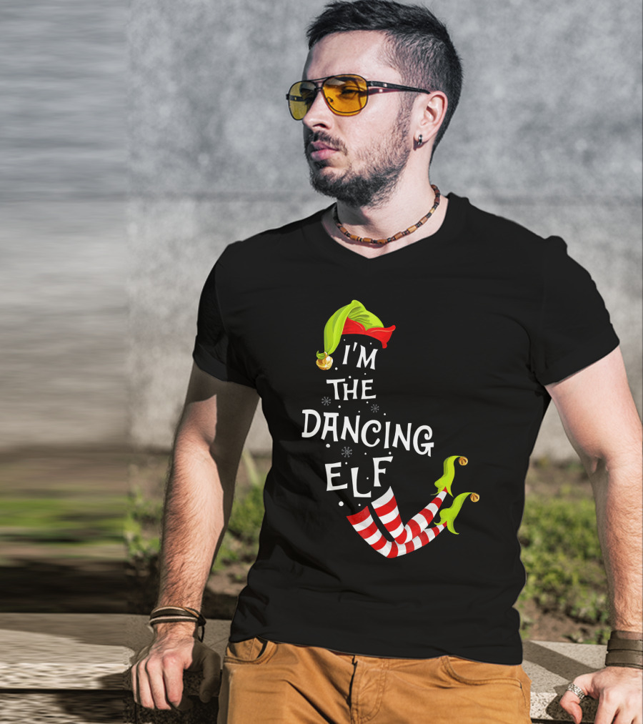 I'm The Dancing Elf Christmas Striped Stockings And Festive Hat T-Shirt