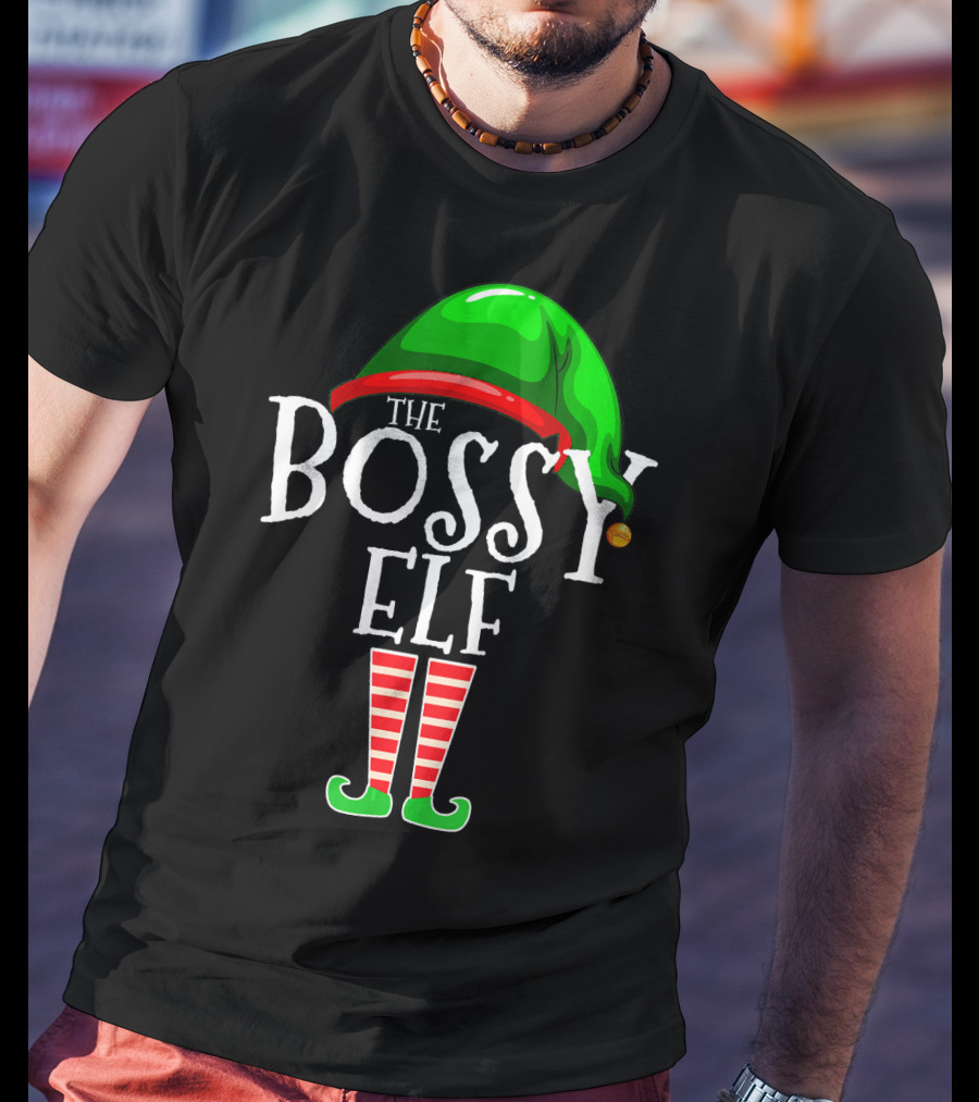 The Bossy Elf Green Hat Red Striped Legs T-Shirt