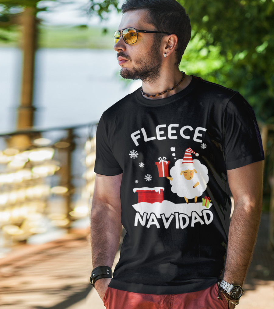 Fleece Navidad Sheep With Santa Hat And Gift Chimney Snowflakes T-Shirt
