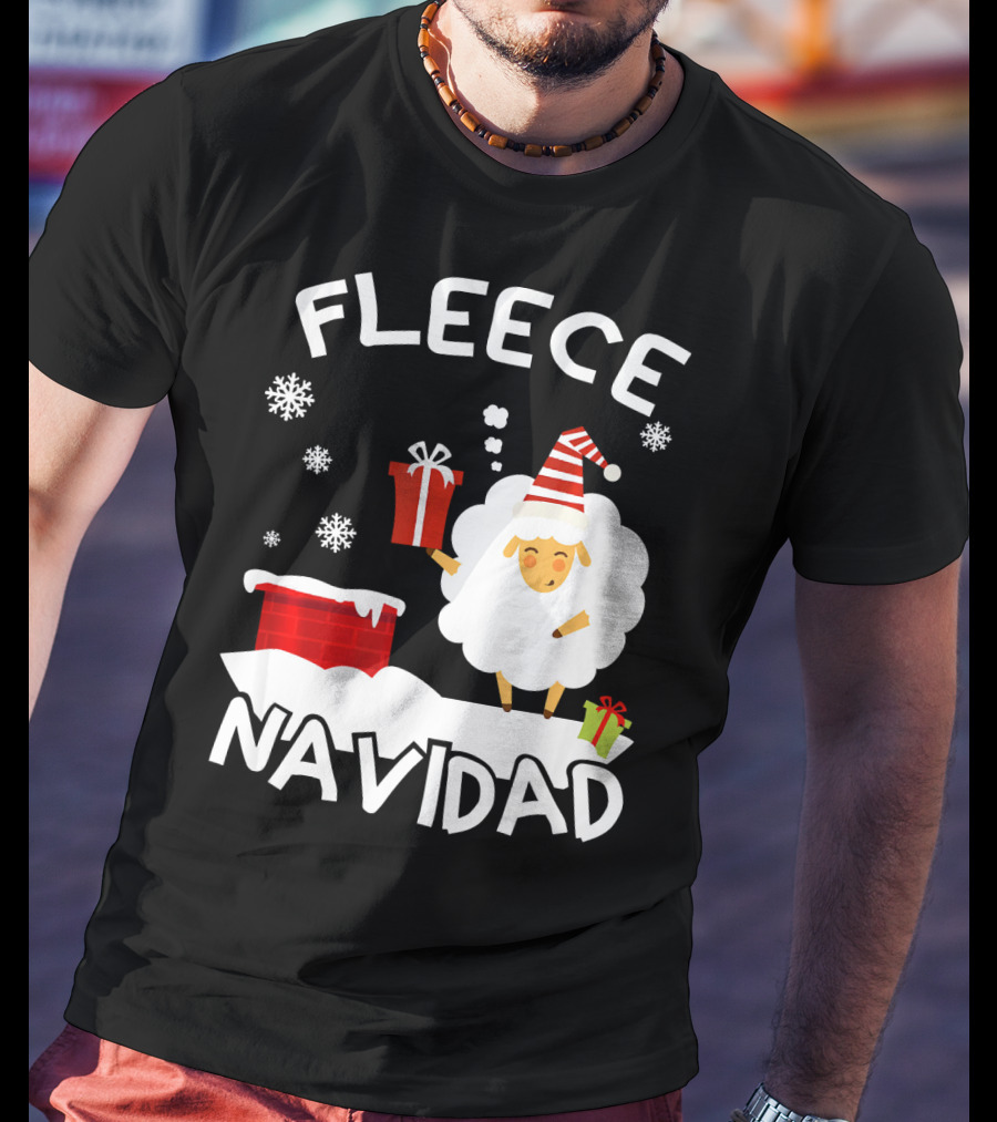 Fleece Navidad Sheep With Santa Hat And Gift Chimney Snowflakes T-Shirt
