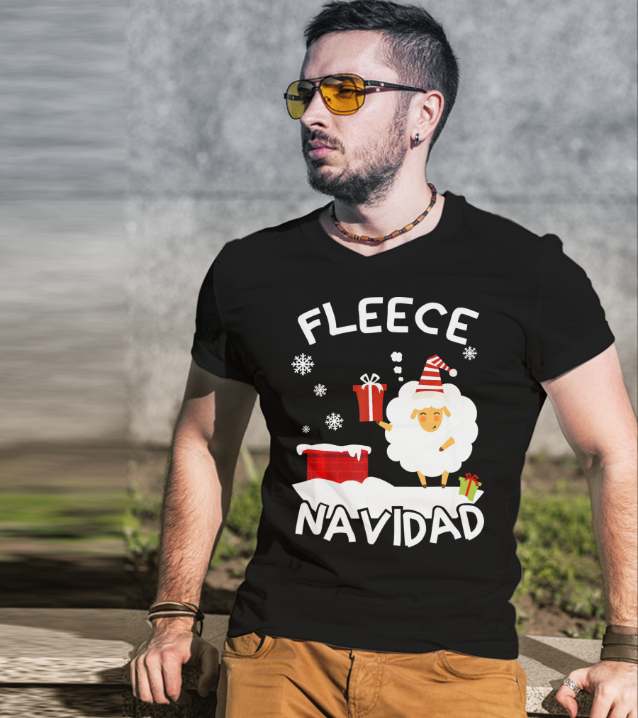 Fleece Navidad Sheep With Santa Hat And Gift Chimney Snowflakes T-Shirt