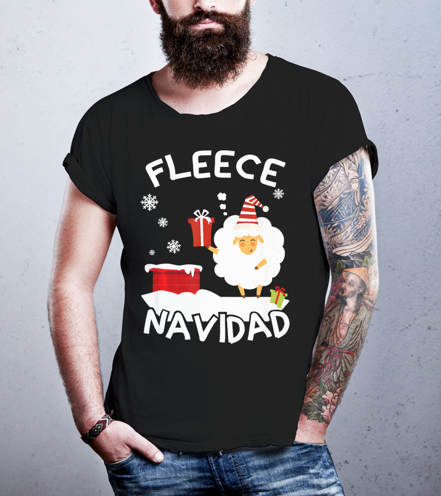 Fleece Navidad Sheep With Santa Hat And Gift Chimney Snowflakes T-Shirt