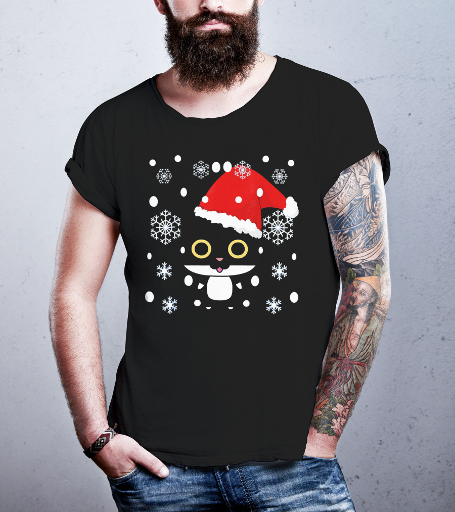 Cute Kawaii Cat With Santa Hat And Snowflakes Christmas T-Shirt