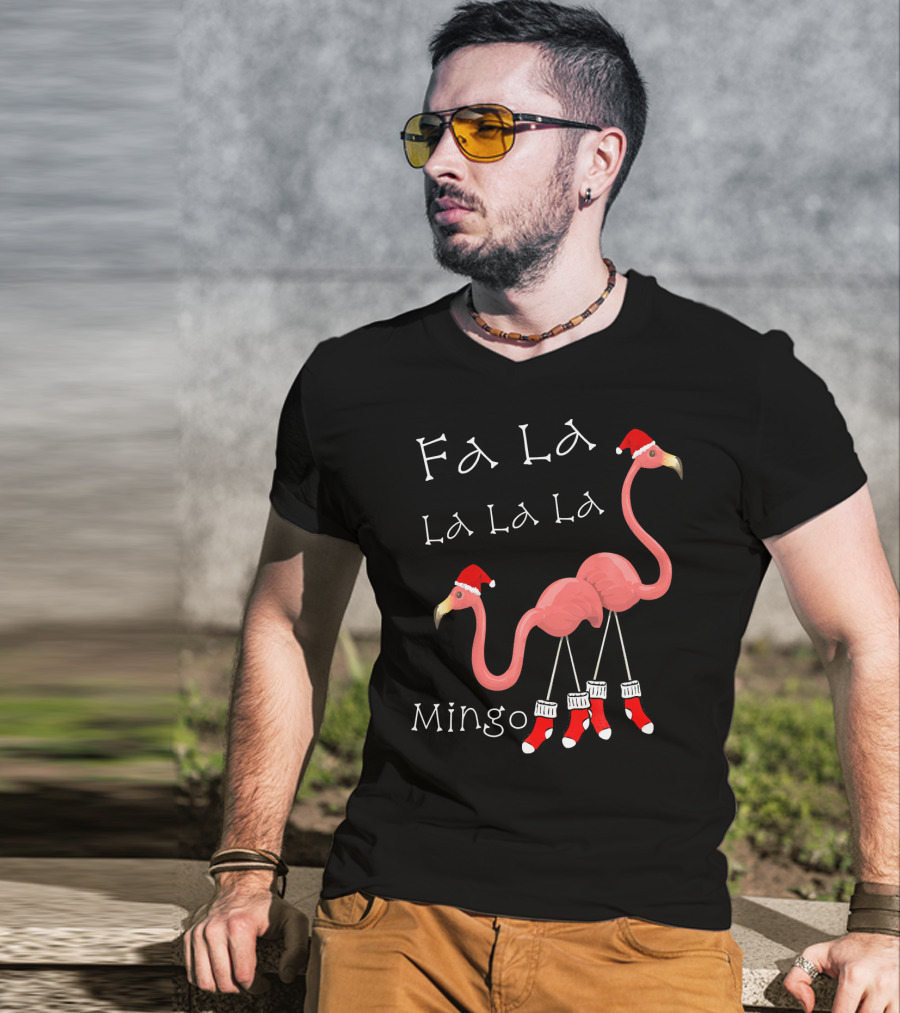 Fa La La La La La Mingo Pink Flamingo Christmas Santa T-Shirt