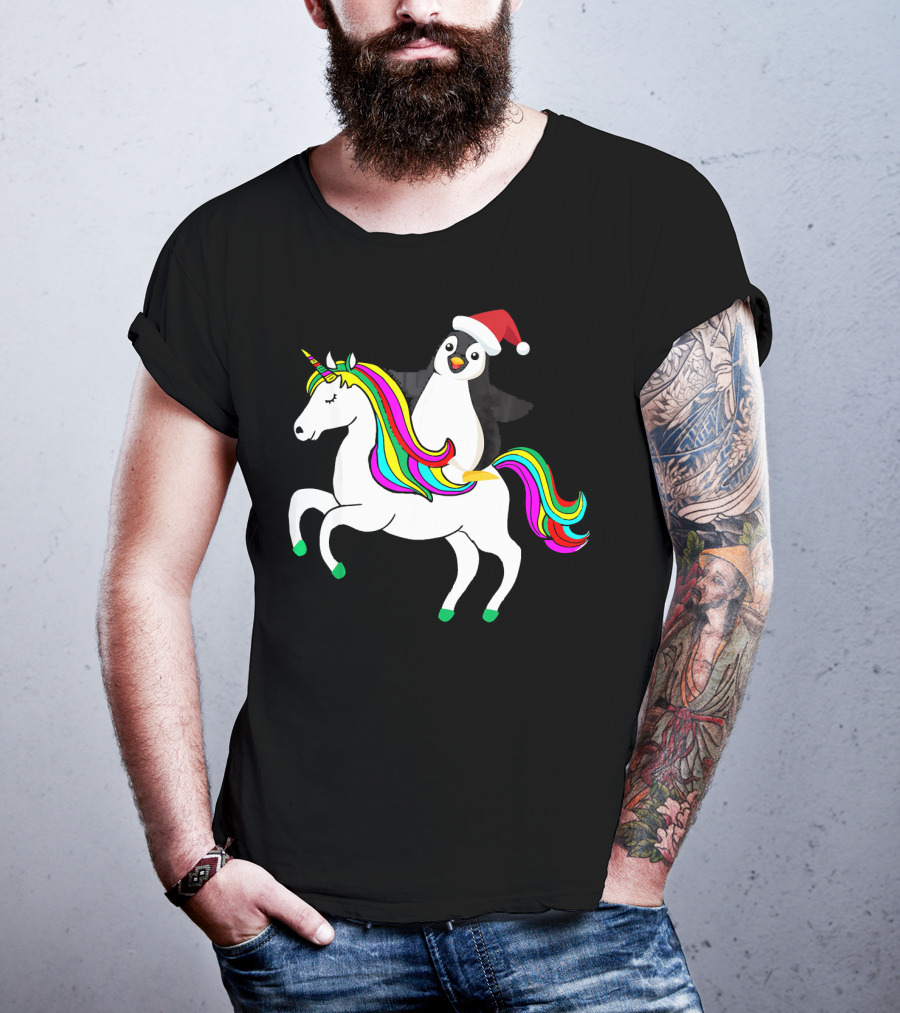 Penguin In Santa Hat Riding A Rainbow Unicorn T-Shirt