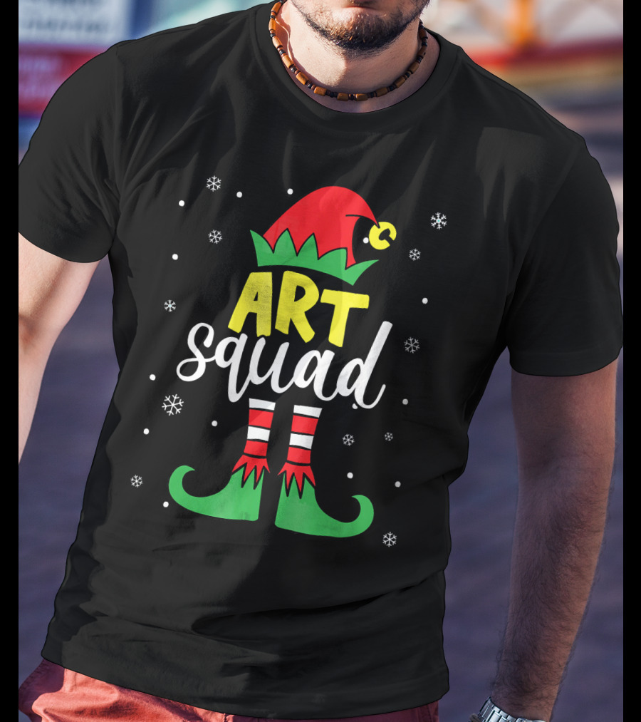 Art Squad Elf Christmas Teacher Snowflakes T-Shirt