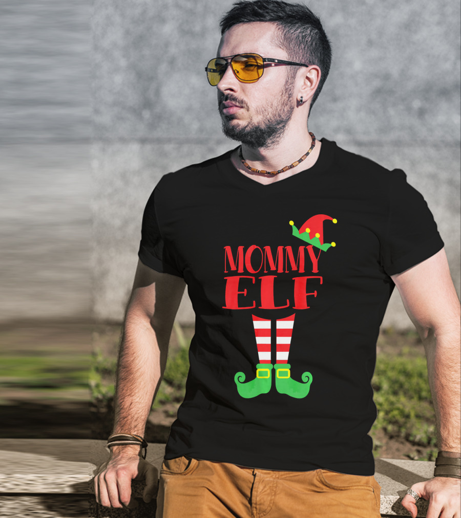 Mommy ELF Christmas Hat And Striped Socks Festive Season T-Shirt