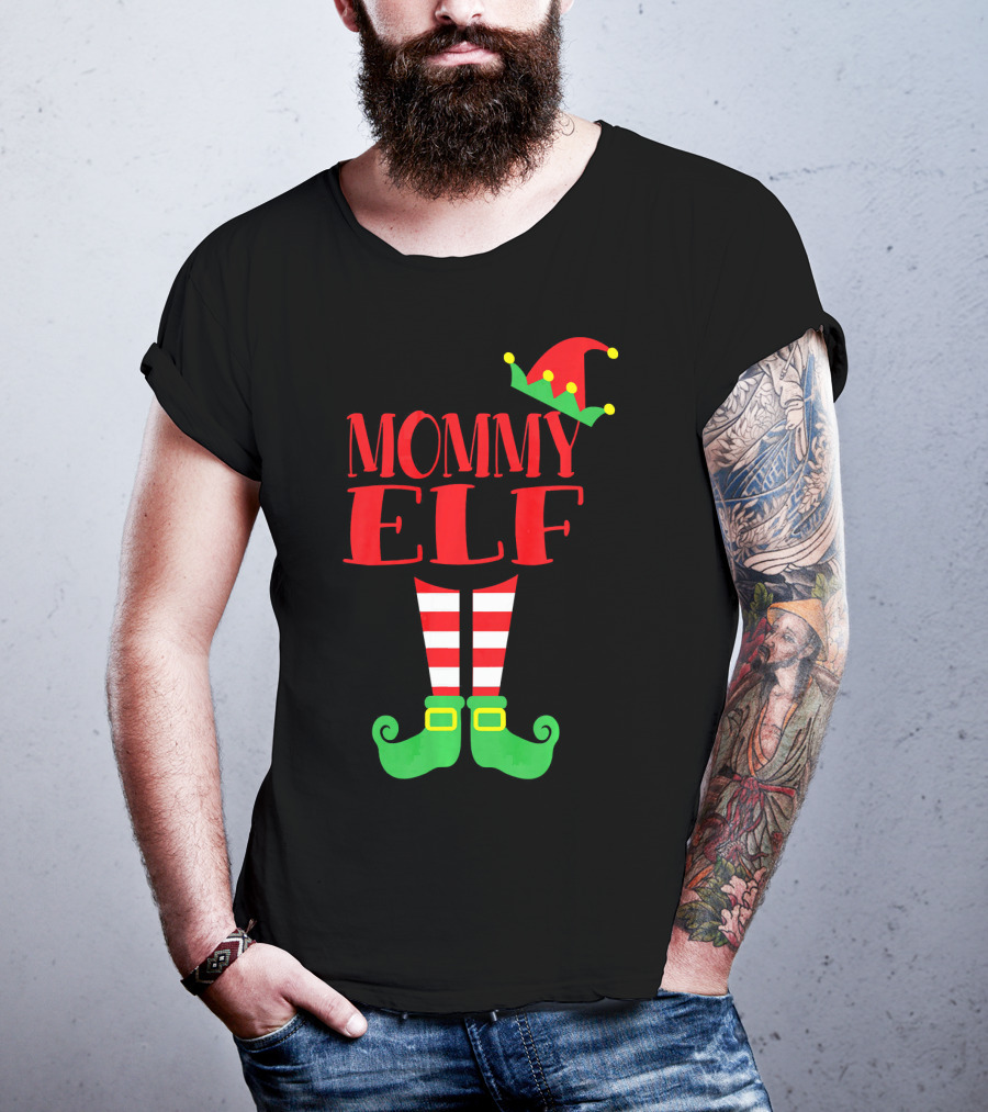 Mommy ELF Christmas Hat And Striped Socks Festive Season T-Shirt