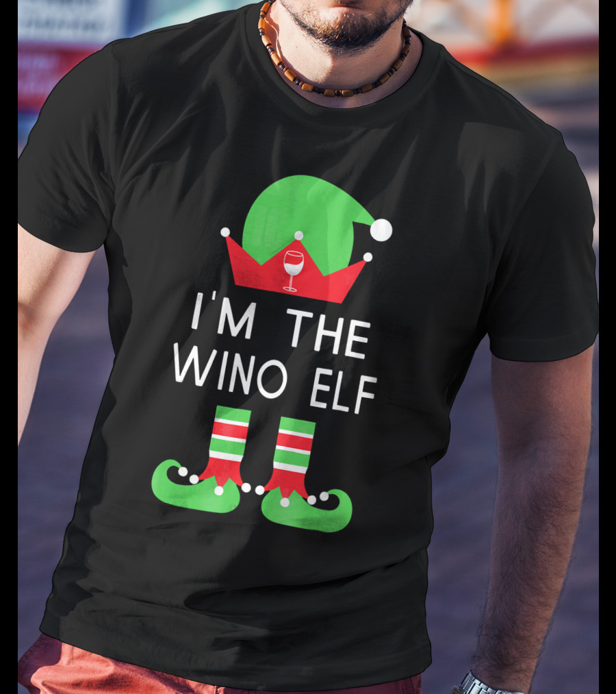I'm The Wino Elf Funny Christmas Wine Green Red Hat And Striped Socks T-Shirt