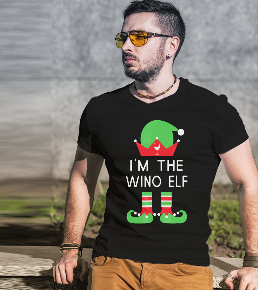 I'm The Wino Elf Funny Christmas Wine Green Red Hat And Striped Socks T-Shirt