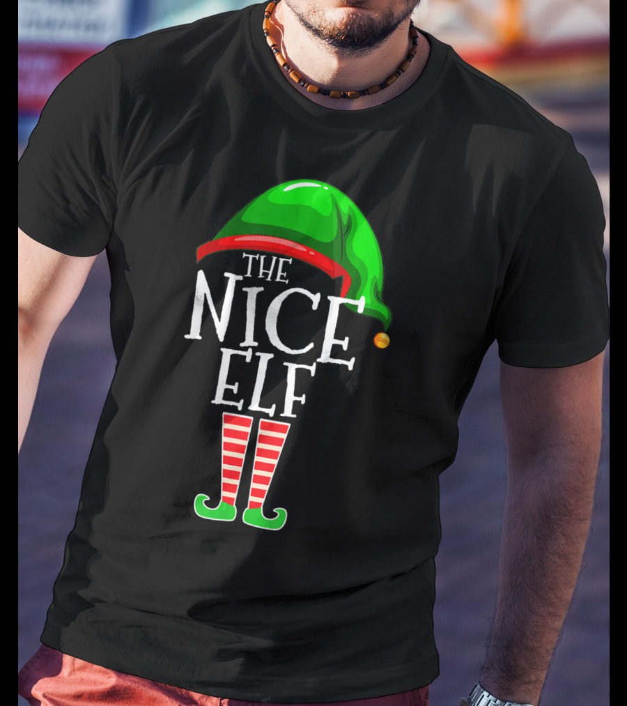 The Nice Elf Group Matching Family Christmas Hat And Striped Leg T-Shirt
