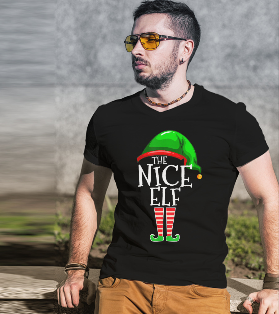 The Nice Elf Group Matching Family Christmas Hat And Striped Leg T-Shirt