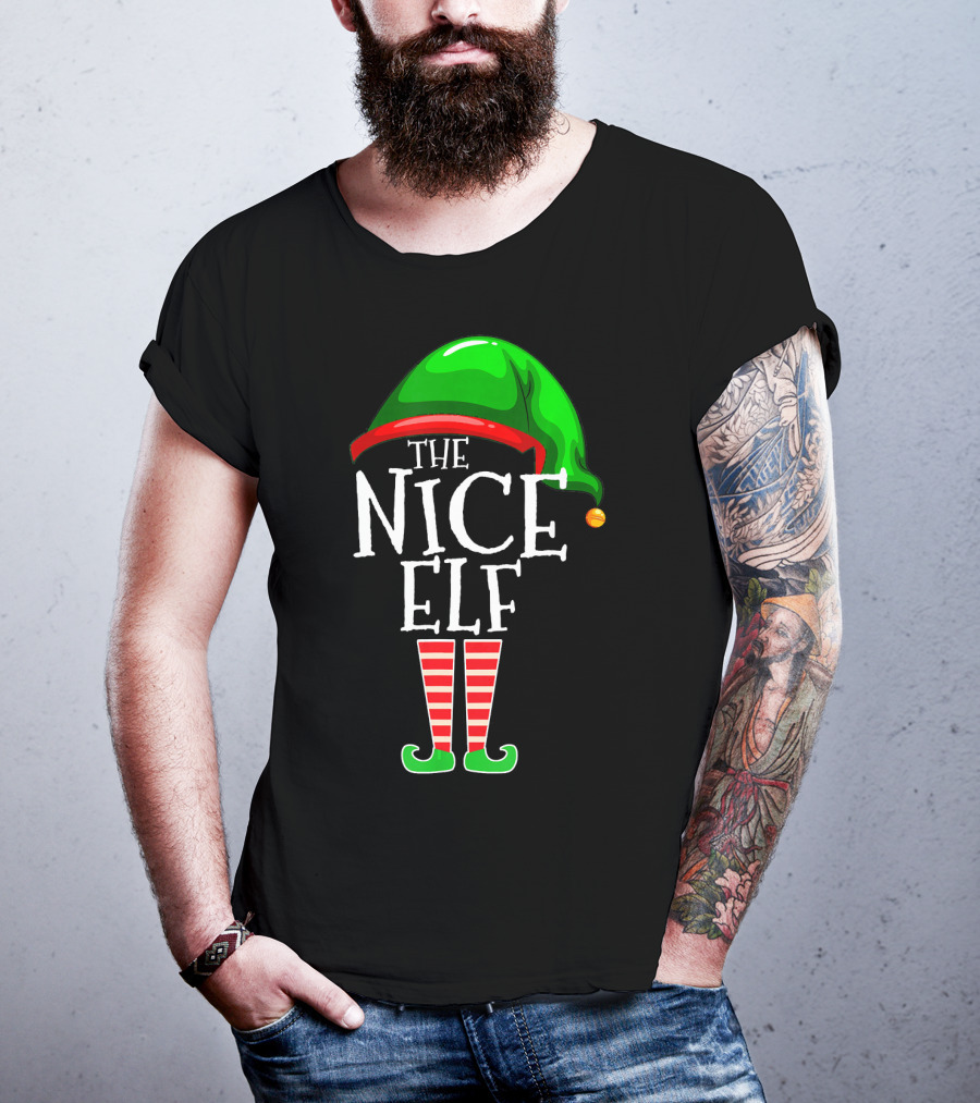 The Nice Elf Group Matching Family Christmas Hat And Striped Leg T-Shirt