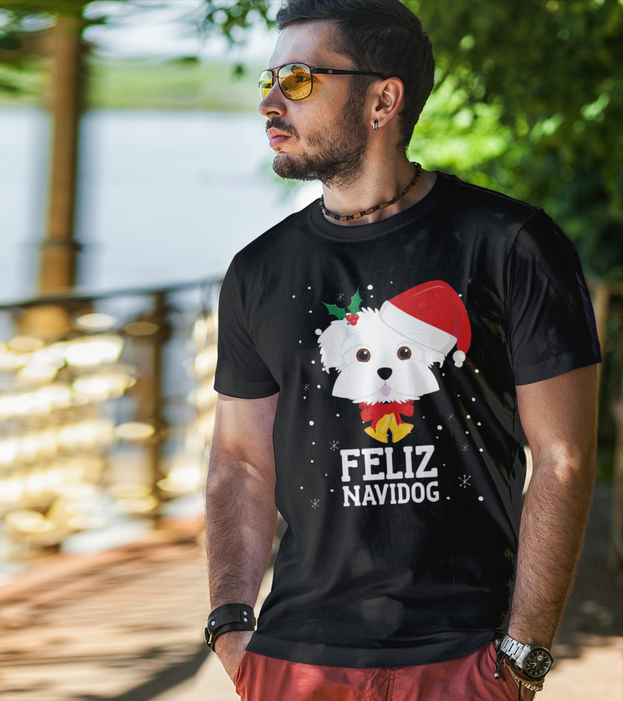 Feliz Navidog Christmas Dog In Santa Hat Maltese T-Shirt