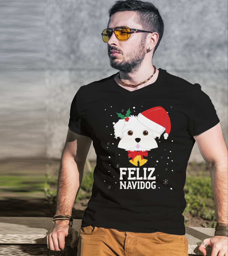 Feliz Navidog Christmas Dog In Santa Hat Maltese T-Shirt