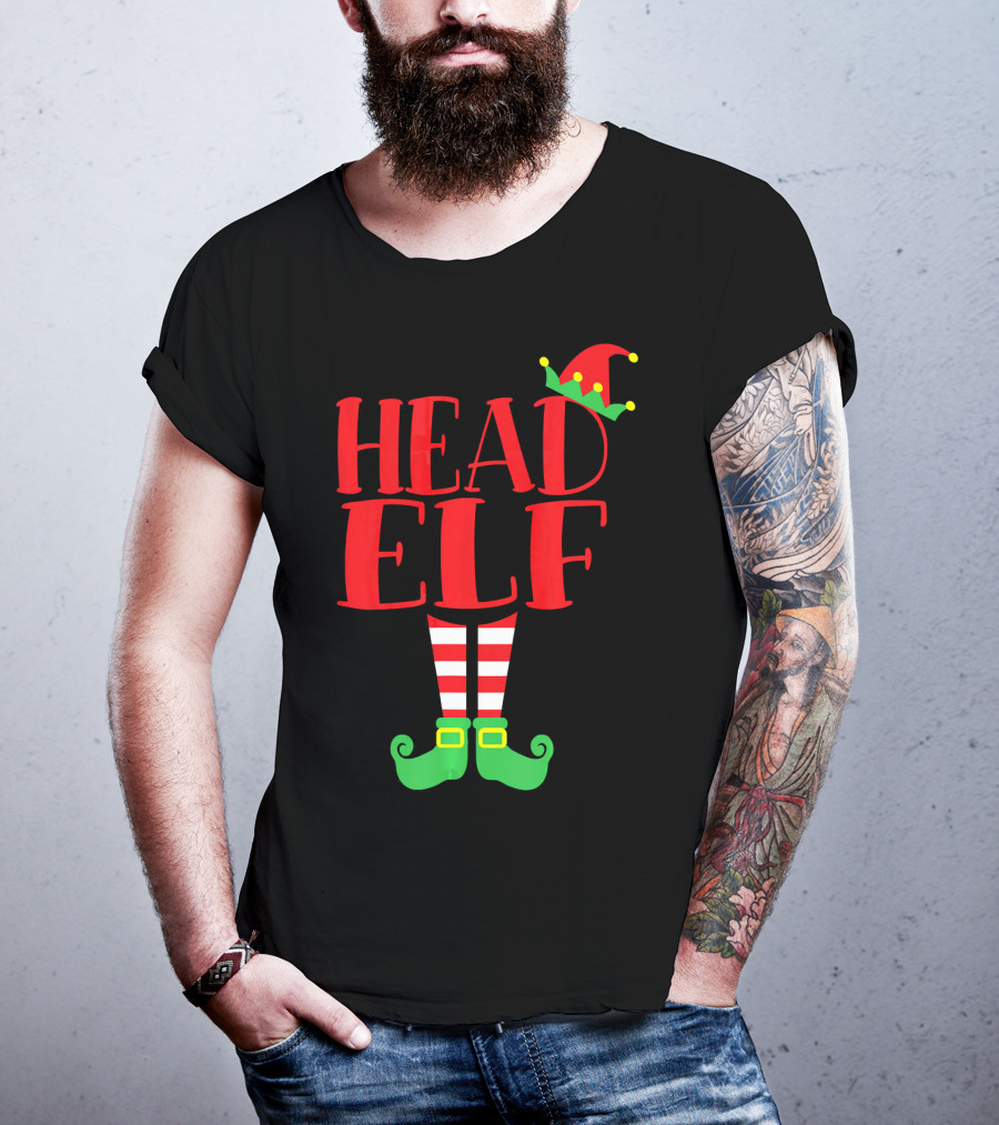Head Elf Christmas Season Dad Hat Striped Red White Socks Green Shoes T-Shirt