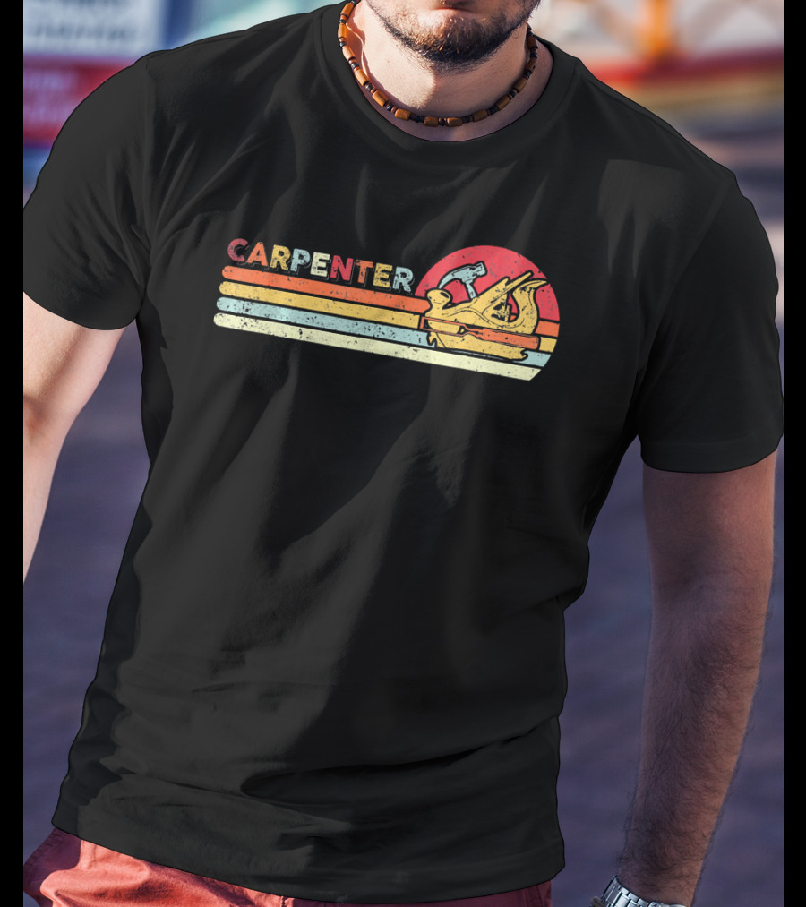 Carpenter Vintage Cool Carpenter Hammer Plane Retro Sun Stripes T-Shirt