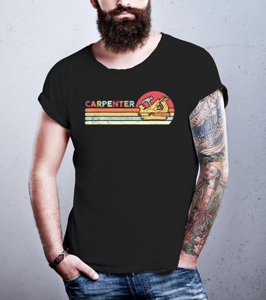 Carpenter Vintage Cool Carpenter Hammer Plane Retro Sun Stripes T-Shirt