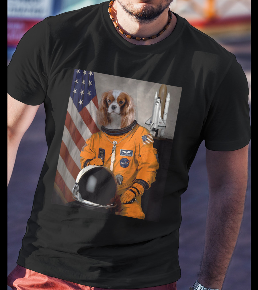 Cavalier King Charles Spaniel NASA Astronaut With American Flag And Space Shuttle T-Shirt