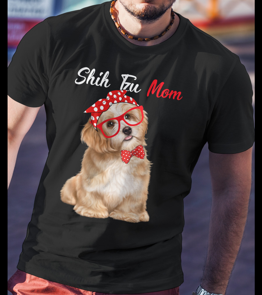 Shih Tzu Mom Red Glasses And Polka Dot Bow Accessories T-Shirt