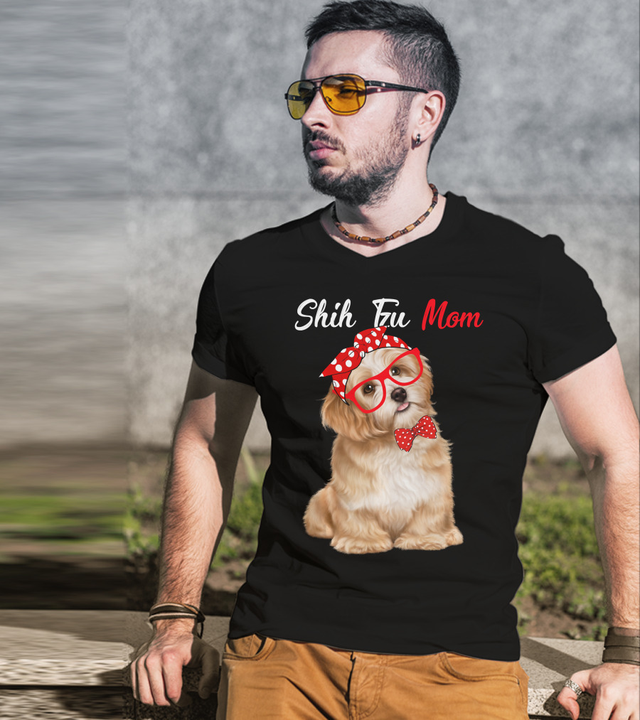 Shih Tzu Mom Red Glasses And Polka Dot Bow Accessories T-Shirt