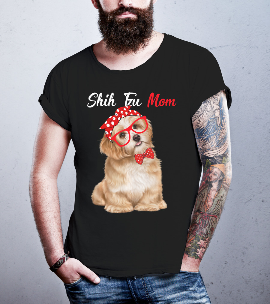 Shih Tzu Mom Red Glasses And Polka Dot Bow Accessories T-Shirt