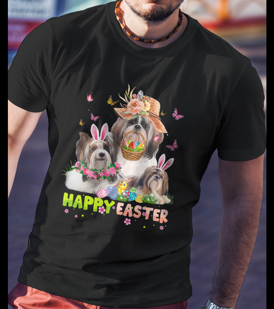 Shih Tzu Dogs With Bunny Ears And Easter Eggs Celebrating Happy Easter T-Shirt