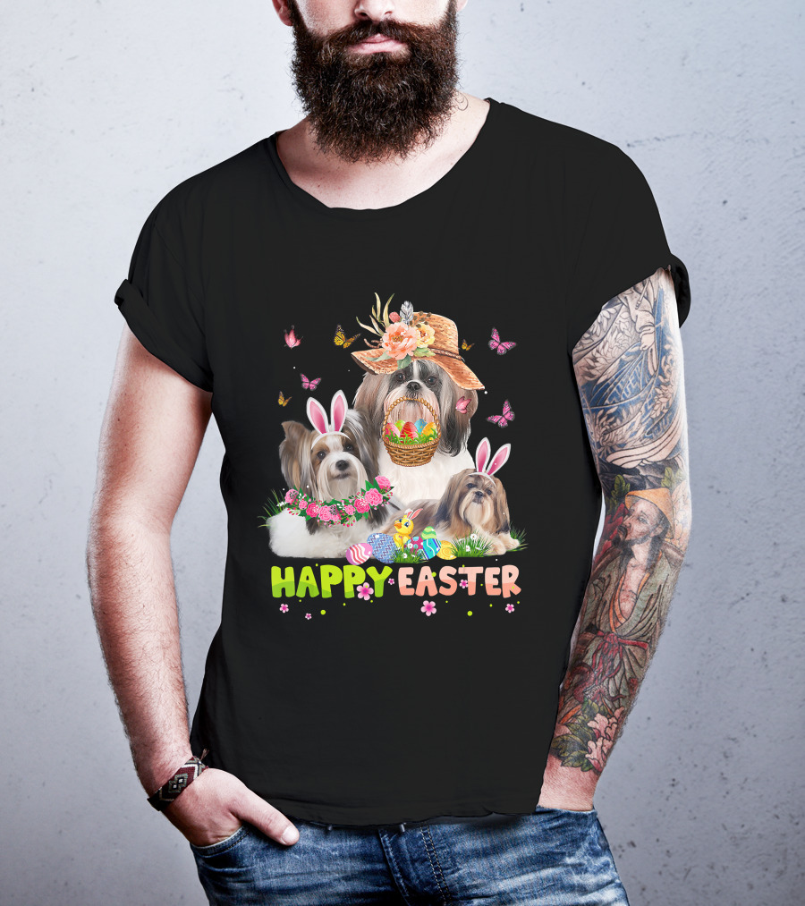 Shih Tzu Dogs With Bunny Ears And Easter Eggs Celebrating Happy Easter T-Shirt