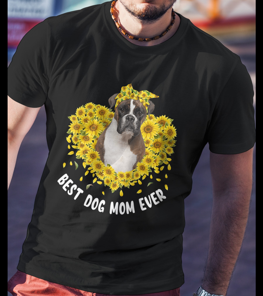 Best Dog Mom Ever Boxer Surrounded By Sunflowers T-Shirt