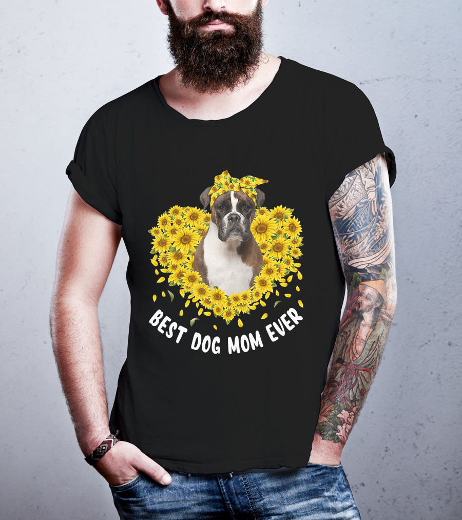 Best Dog Mom Ever Boxer Surrounded By Sunflowers T-Shirt