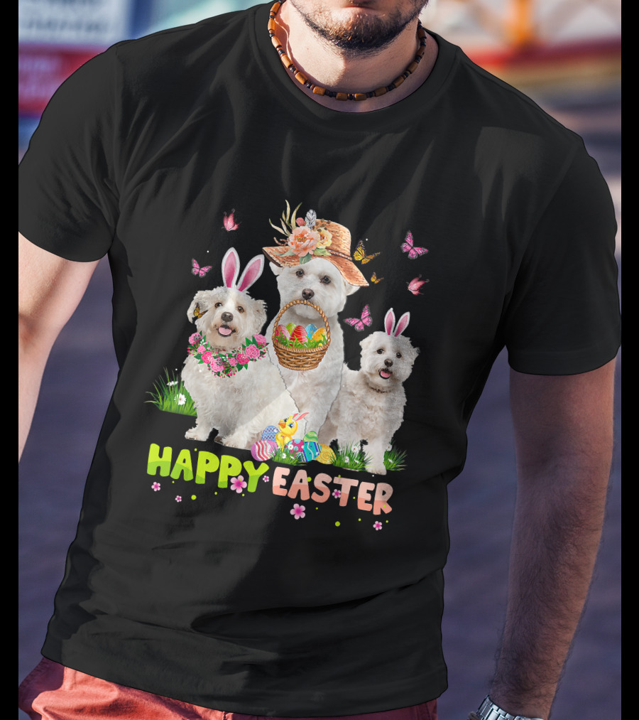 Happy Easter Maltese Dogs Bunny Ears Basket Eggs Butterflies T-Shirt