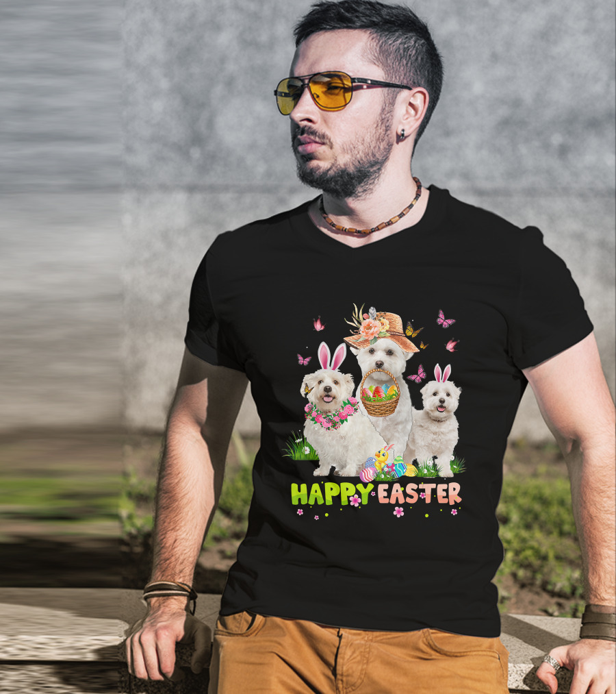 Happy Easter Maltese Dogs Bunny Ears Basket Eggs Butterflies T-Shirt