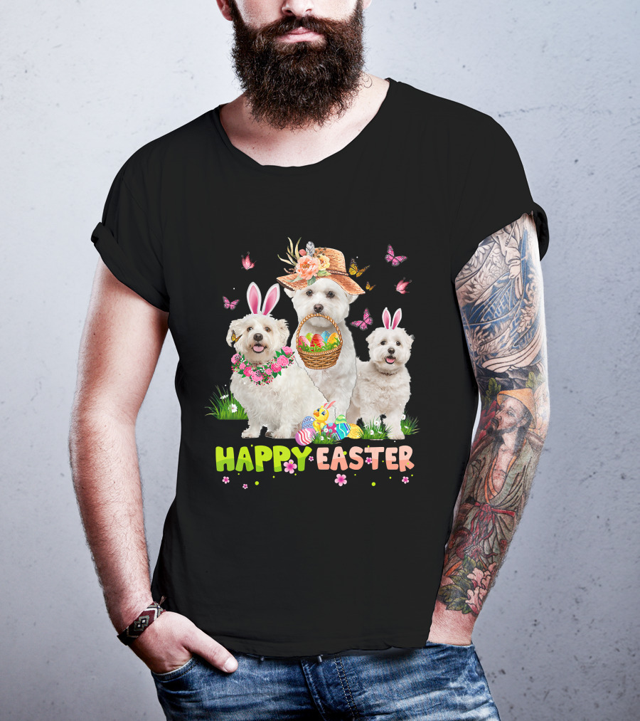 Happy Easter Maltese Dogs Bunny Ears Basket Eggs Butterflies T-Shirt