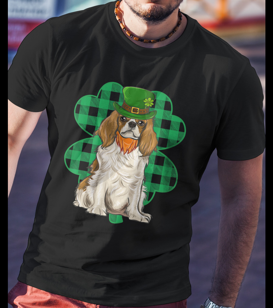 King Charles Spaniel Leprechaun With Shamrock Hat And Plaid Clover T-Shirt