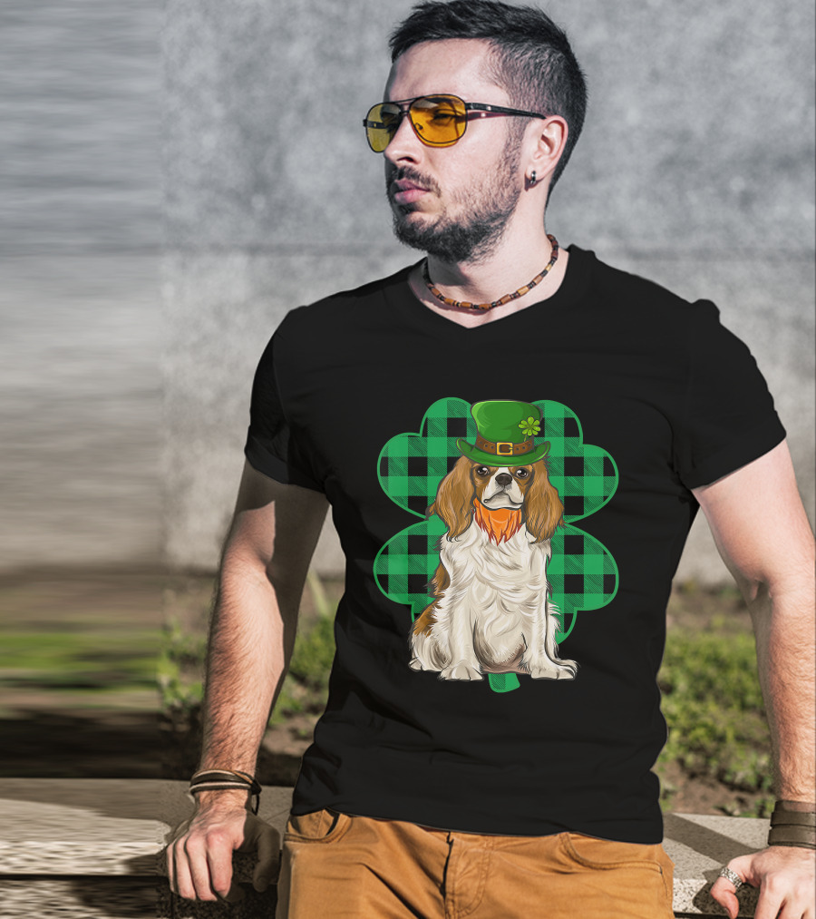 King Charles Spaniel Leprechaun With Shamrock Hat And Plaid Clover T-Shirt