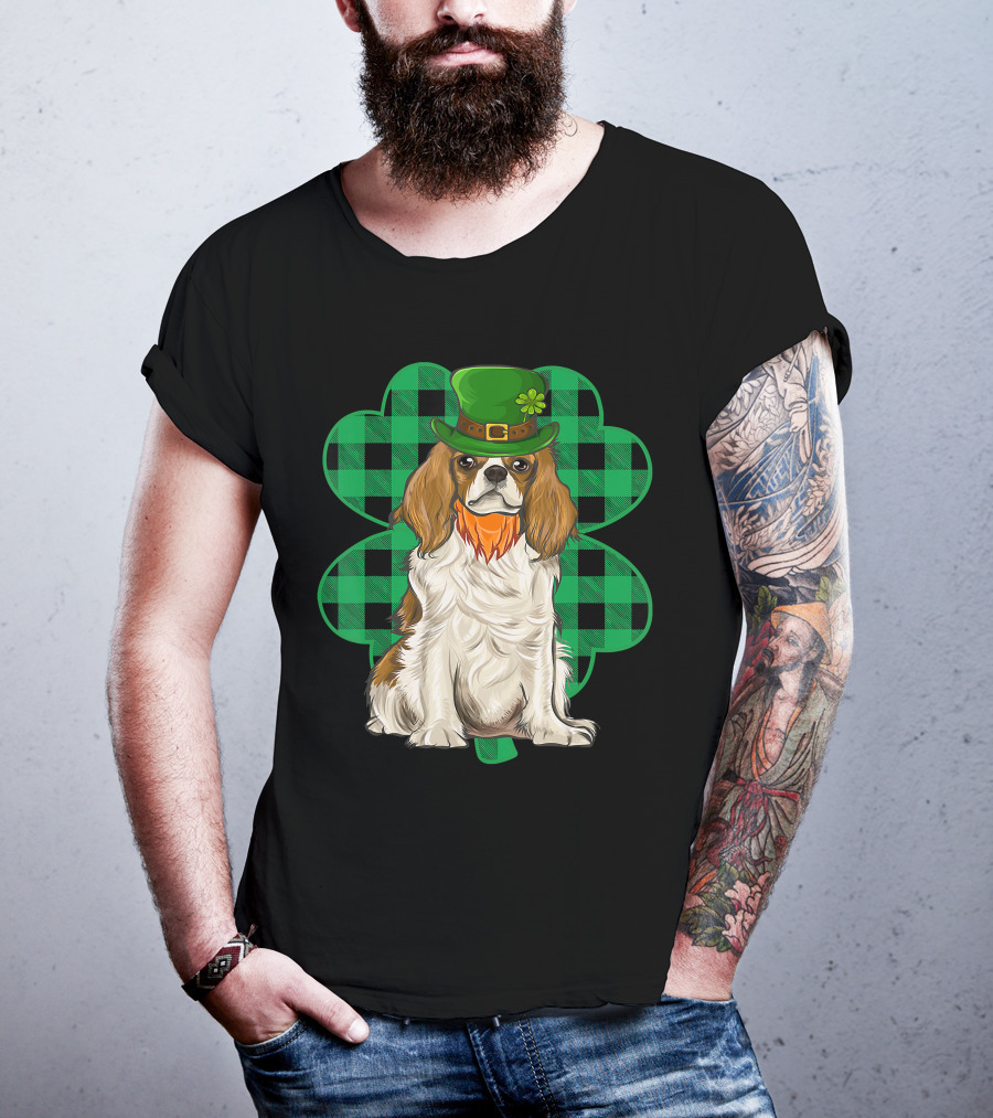 King Charles Spaniel Leprechaun With Shamrock Hat And Plaid Clover T-Shirt