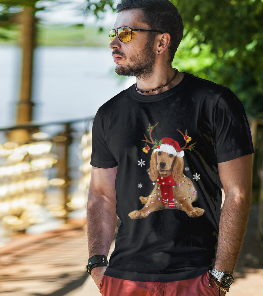 Cocker Spaniel In Santa Hat With Christmas Lights And Reindeer Antlers T-Shirt